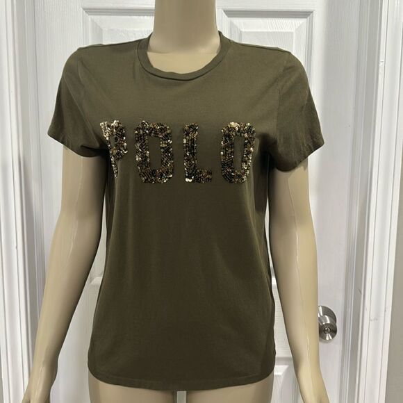 POLO RALPH LAUREN BEADED LOGO  T-SHIRT. DEFENDER GREEN. - Picture 2 of 7